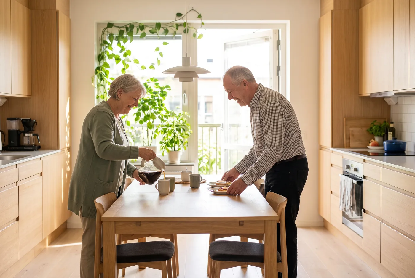 Seniorenpaar beim Frühstück in einer hellen, barrierefreien Wohnung mit Balkon